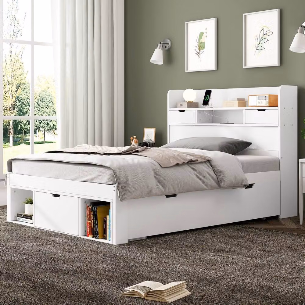 ModernLuxe Kids Single Bed with Drawers and Storage Cabinet Headboard in White, W/D/H: 90 x 190 x 200 cm – 2
