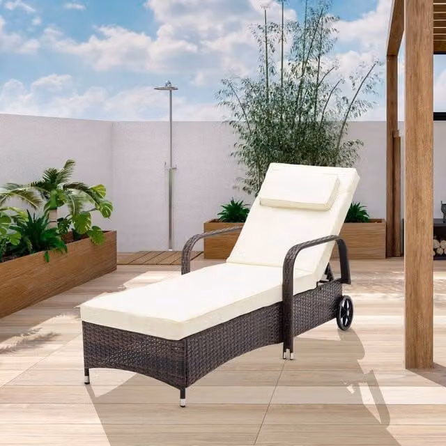 MCC Direct Brown Polyrattan Sun Lounger Bed with Adjustable Headrest and Castors – 1