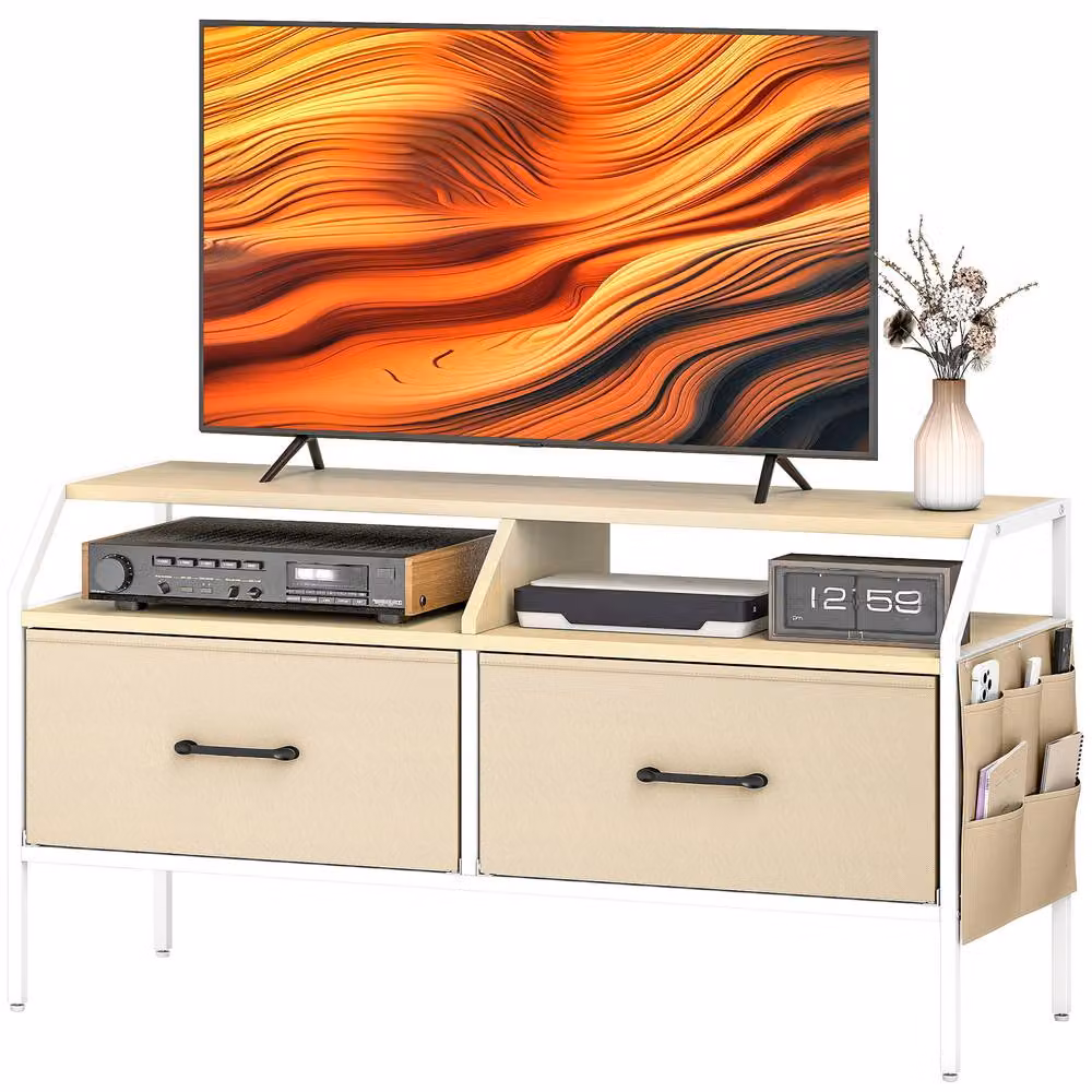 STILVORA Industrial TV Unit with 2 Drawers and Side Pockets in Beige Matt Finish – 4
