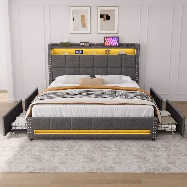 Matteo Double Upholstered Bed in Grey with 4 Storage Drawers, USB Charging Ports and Under-Bed Lighting, 140 x 200 cm – 1