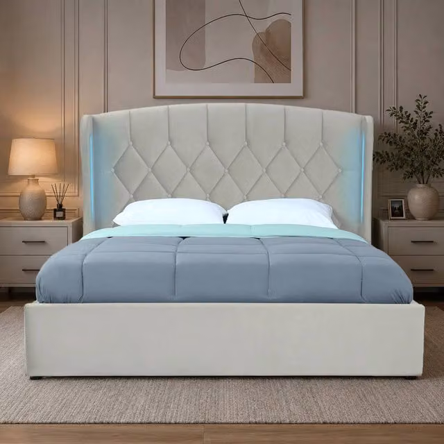 KDMD Mayfair Double Ottoman Bed Frame in Light Grey with LED Lighting, W/D/H: 140 x 200 x 171 cm