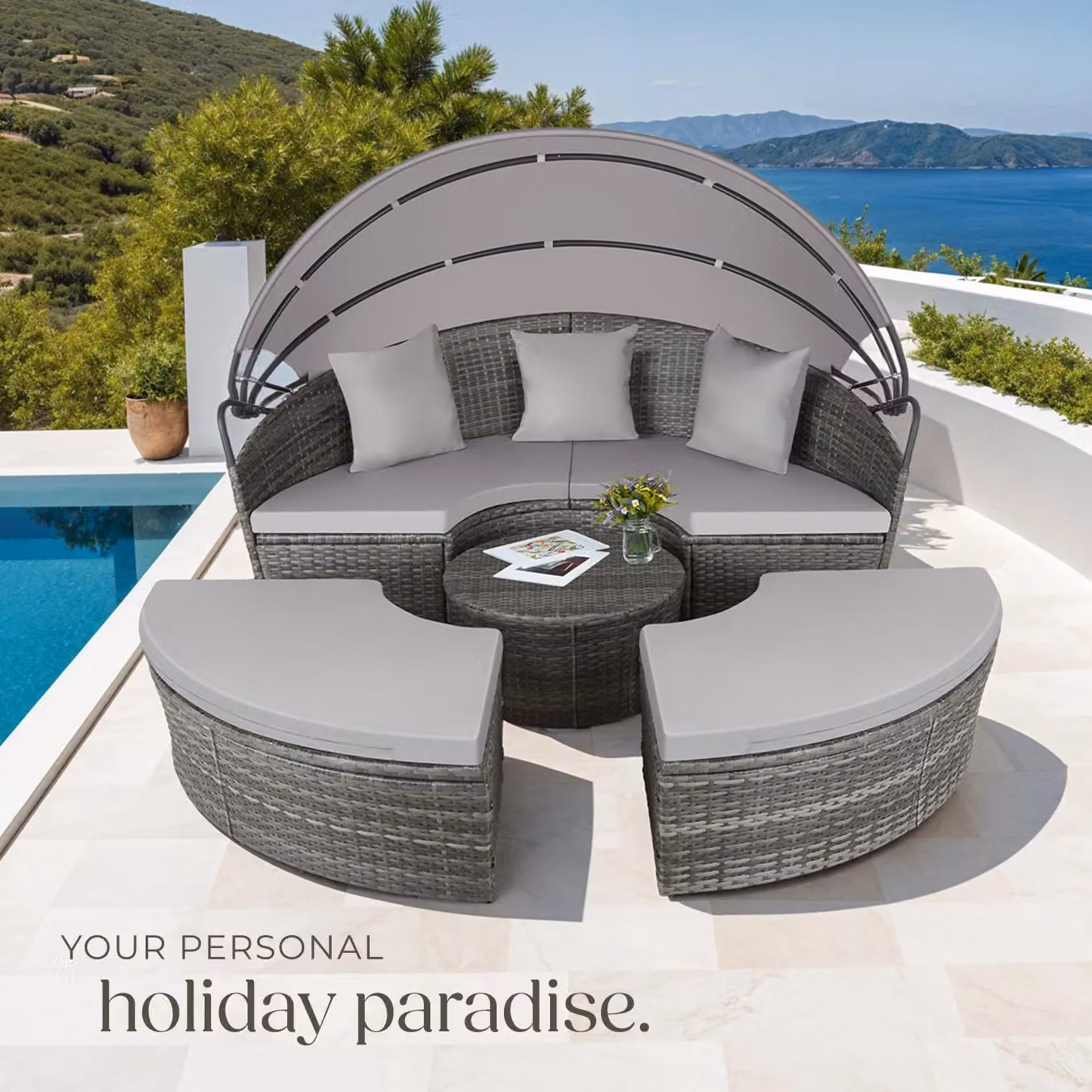 tectake Santorini Modular Garden Sun Lounger Set with Shade Canopy in Grey for 4 Adults – 8