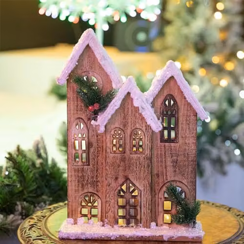 Shatchi Christmas Wooden Snow Covered Cottage Village Indoor Decoration with Warm White Battery Powered LEDs in Brown and White – 3