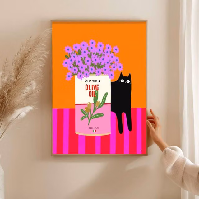 The Paper Tail Olive Oil Cat Multicolour Paper Poster, W: 29.7 cm, H: 42.0 cm