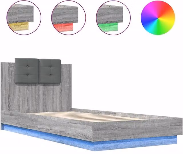 Berkfield Home Sonoma Bed Frame in Grey with LED Under-Bed Lighting and USB Charging Port, W/D/H: 90 x 200 cm