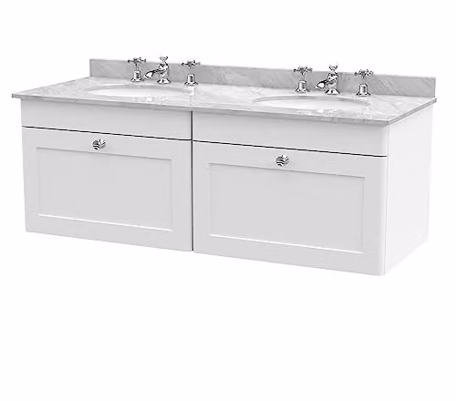nuie Classique CLC194GR6 Wall Hung 2 Drawer Unit and 3 Tap Hole Double Marble Top with Round Basin, Satin White/Grey, W: 120 cm, D: 50.9 cm, H: 47 cm
