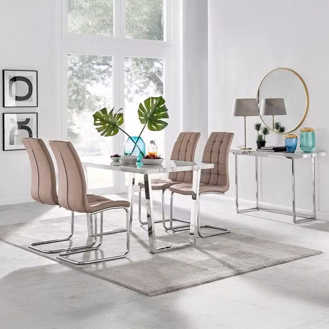 FurnitureboxUK Kylo White Marble Effect Dining Table and 4 Murano Chairs in Cappuccino