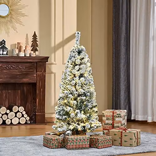 HOMCOM 4ft Prelit Artificial Snow Flocked Christmas Tree in Green and White – 2