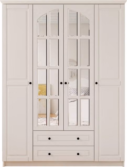 EVUHOME Modern White Mirrored Wardrobe with 4 Doors and Integrated Drawers, W/D/H: 184 x 52 x 140 cm