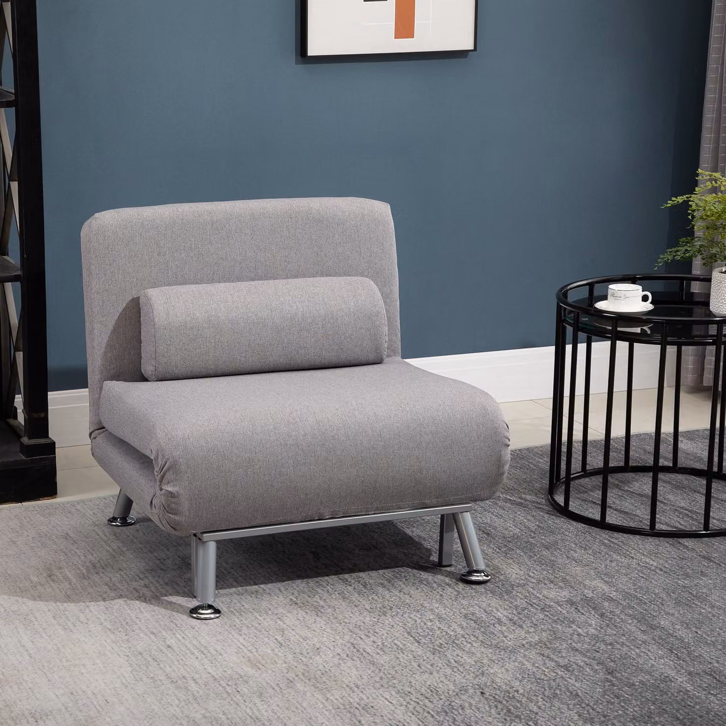 HOMCOM Single Sofa Bed Futon Chair Sleeper in Grey with Metal Frame and Microfibre Fabric – 2