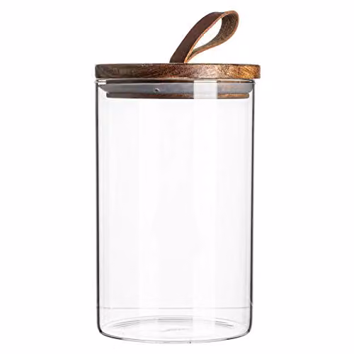 Argon Tableware Scandi Airtight Glass Storage Jar with Wood Lid in Transparent and Brown, 1 l – 1