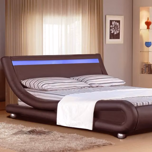 Comfy Living Italian Designer Faux Leather LED Bed Frame in Brown, W/D/H: 180 x 200 cm