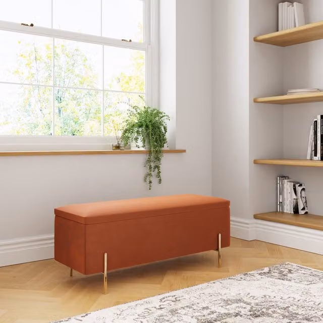 GFW Mystica Orange Velvet Storage Ottoman Bench with Gold Metal Frame – 2