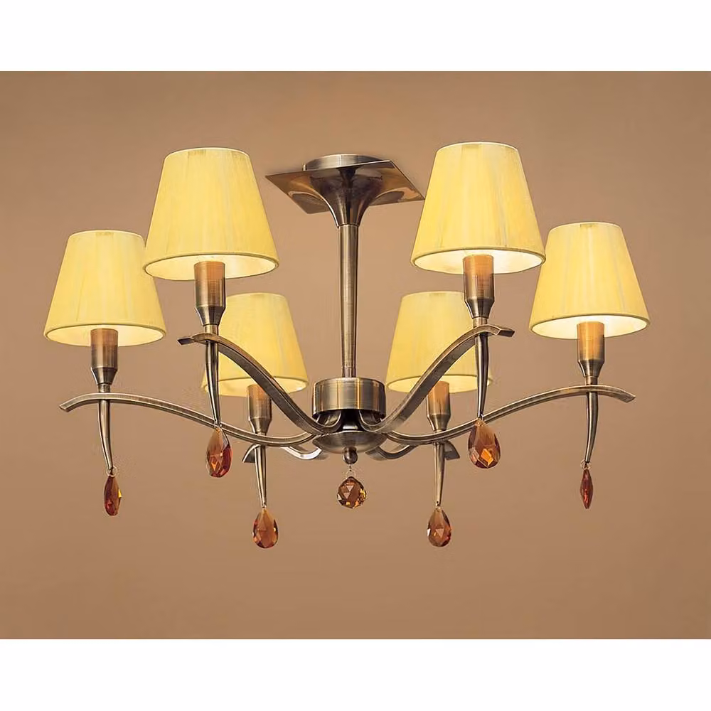 Netlighting Siena Semi Flush Round 6 Light Ceiling Lamp in Brass with Amber Crystal and Yellow Shades – 2
