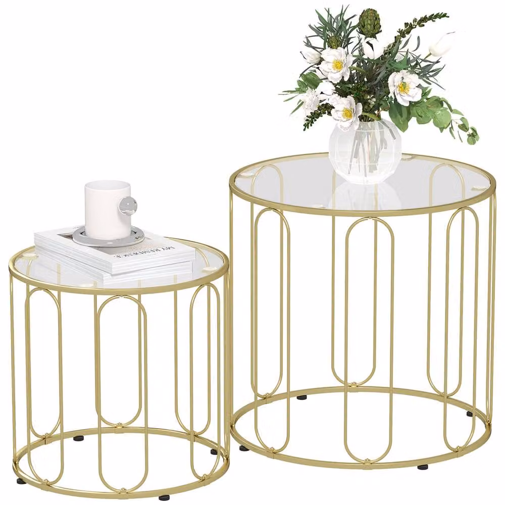 Wyld Haus Set of 2 Gold Tone Elliptical Cut Out Nesting Tables with Glass and Metal Tops – 2