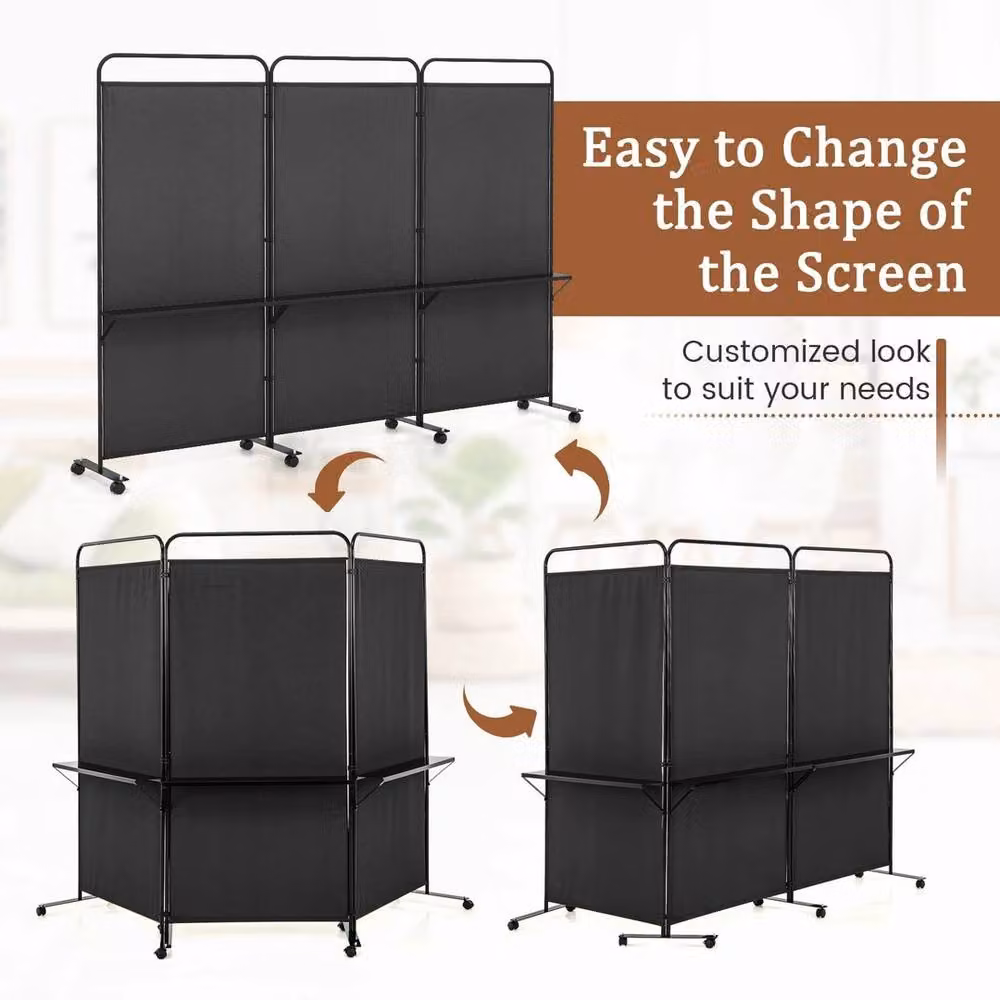 VOGREX Black 3 Panel Rolling Folding Room Divider with 3 Shelves – 3