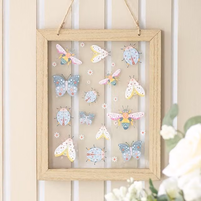 Kingsbury Gifts Multicolour Floral Insect Print Glass Wall Hanging, H: 28 cm