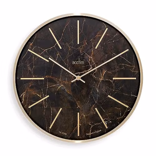 Acctim Luxe Round Quartz Wall Clock in Gold and Green with Brushed Metal and Dark Marble Design, Diameter: 40 cm