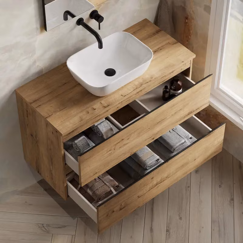 Banyetti Vatilla Wall Hung Vanity Unit with Matching Worktop in Ostippo Light Oak, W: 100 cm, D: 45 cm, H: 59 cm – 3