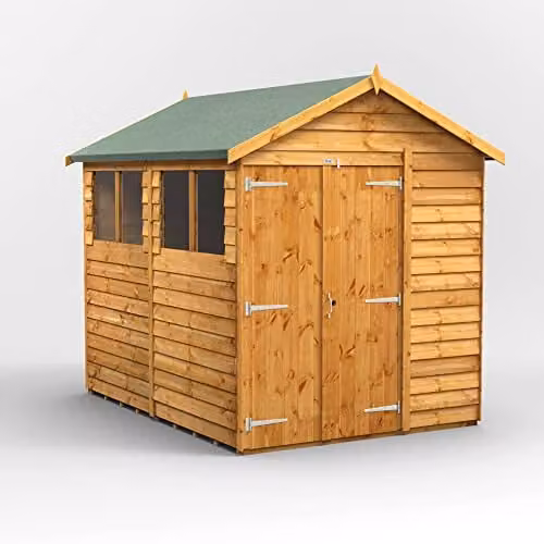 Powersheds Premium Apex Overlap Wooden Garden Shed in Brown with Toughened Glass and Gable Roof, W/D/H: 243.84 x 191.4 x 228.75 cm