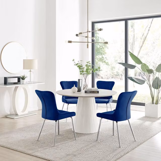 FurnitureboxUK Palma Beige Stone Effect Round Dining Table and 4 Nora Blue Chairs with Silver Legs
