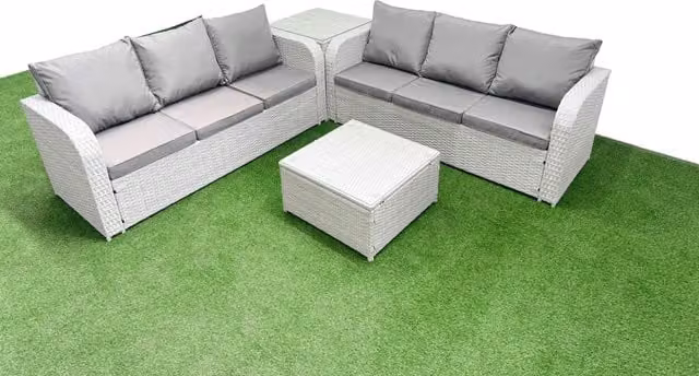 Fimous 6 Seater Wicker Rattan Garden Furniture Set in Light Grey with High Back Lounge Sofa, Side Table and Square Coffee Table
