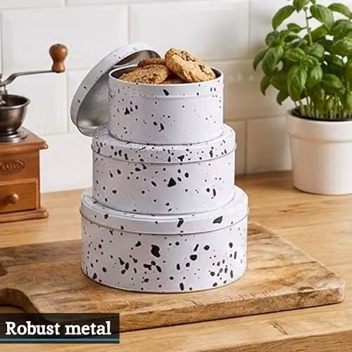 Orsina Set of 3 Airtight Metal Cake Storage Tins, Nestable and Stackable, White and Black – 3