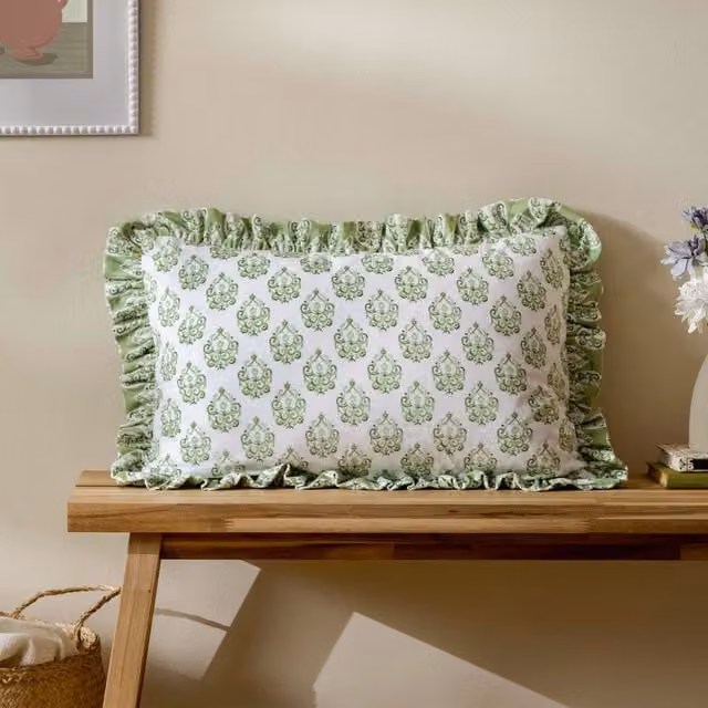 furn Krissa Block Printed Green Velvet Rectangular Cushion W/D/H: 60 x 40 x 40 cm – 3
