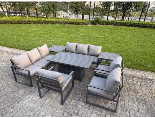 Fimous 8-Piece 9-Seater Aluminum Dining Set with Lifting Table in Dark Grey