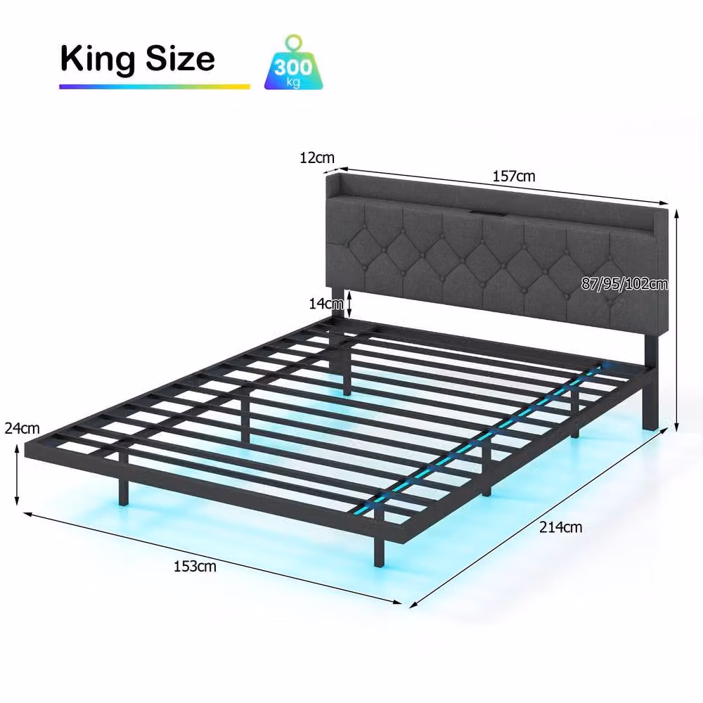 Costway King Size Modern Upholstered Floating Platform Bed Frame in Grey with Under-Bed Lighting and USB Charging Ports, W/D/H: 180 x 200 cm – 2