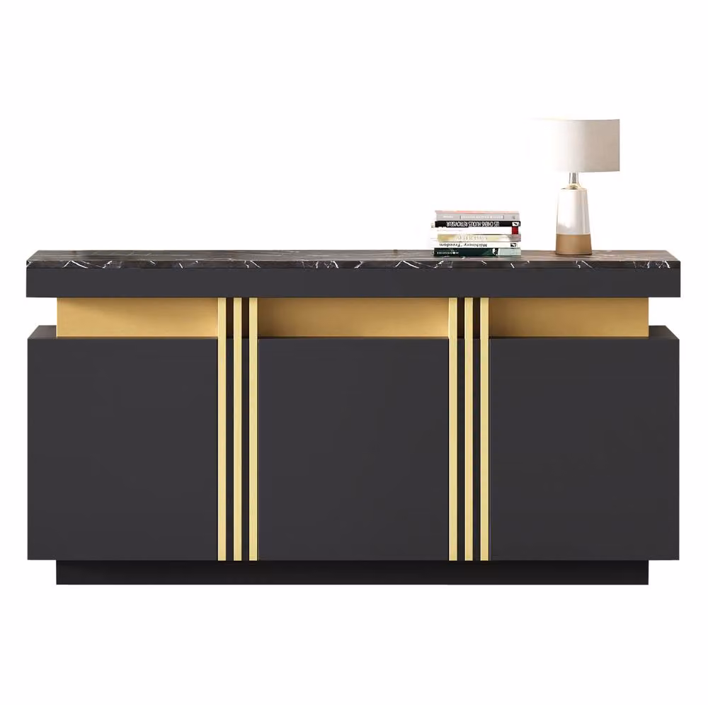 STILVORA Modern Black and Gold Sideboard with 3 Doors and Adjustable Shelves – 4