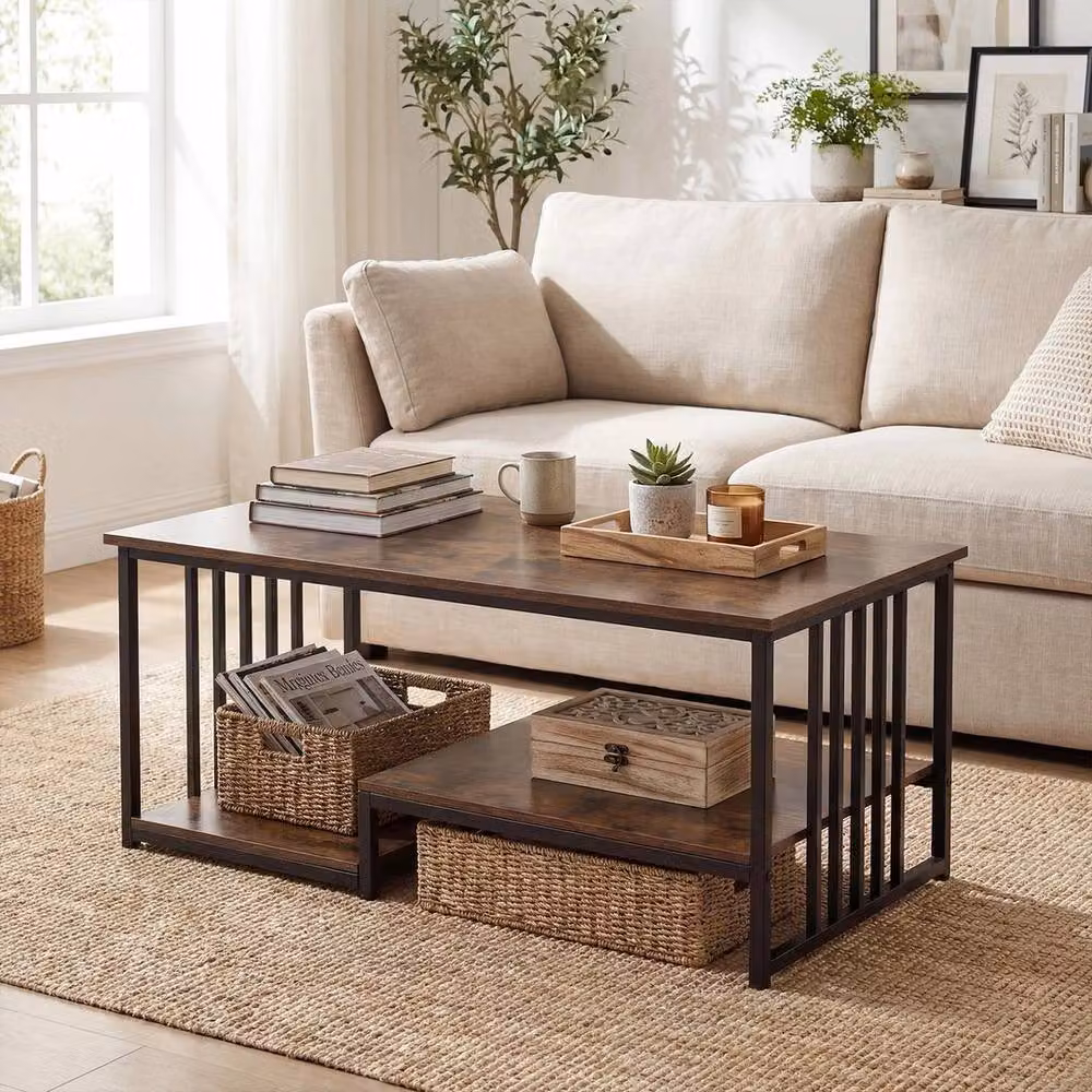 Kelvenix Modern Rectangular 2-Tier Coffee Table with Shelf in Brown and Black – 3