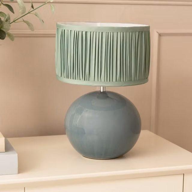 Bosco Eucalyptus Ceramic Table Lamp with Ruched Pleated Fabric Drum Shade in Green