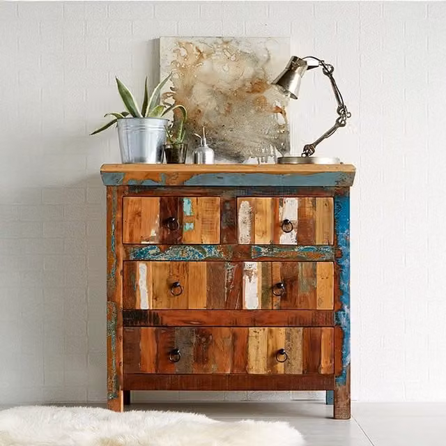 IH Design Rustic Reclaimed Wood 4 Drawer Chest in Multicolour and Brown