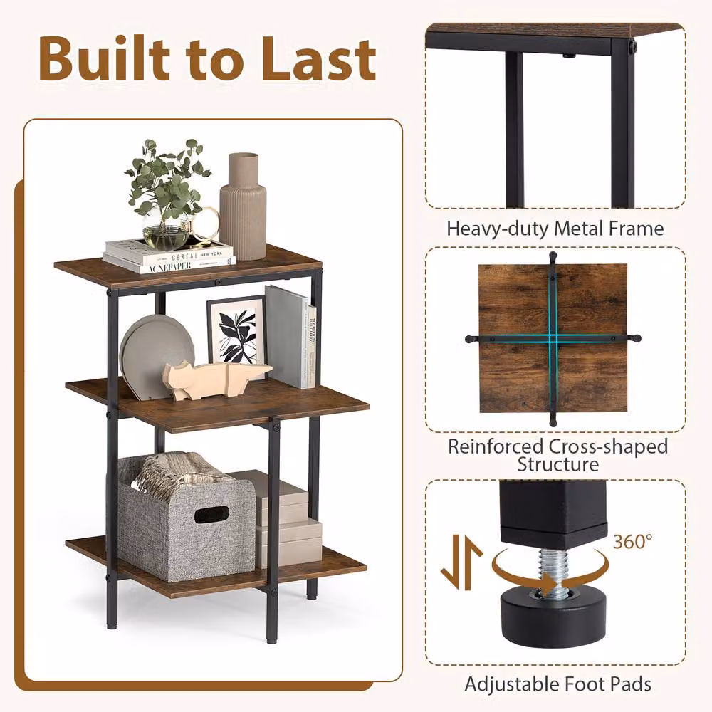 Costway 3-Tier Industrial Square Side Table with Shelves in Brown and Black – 5