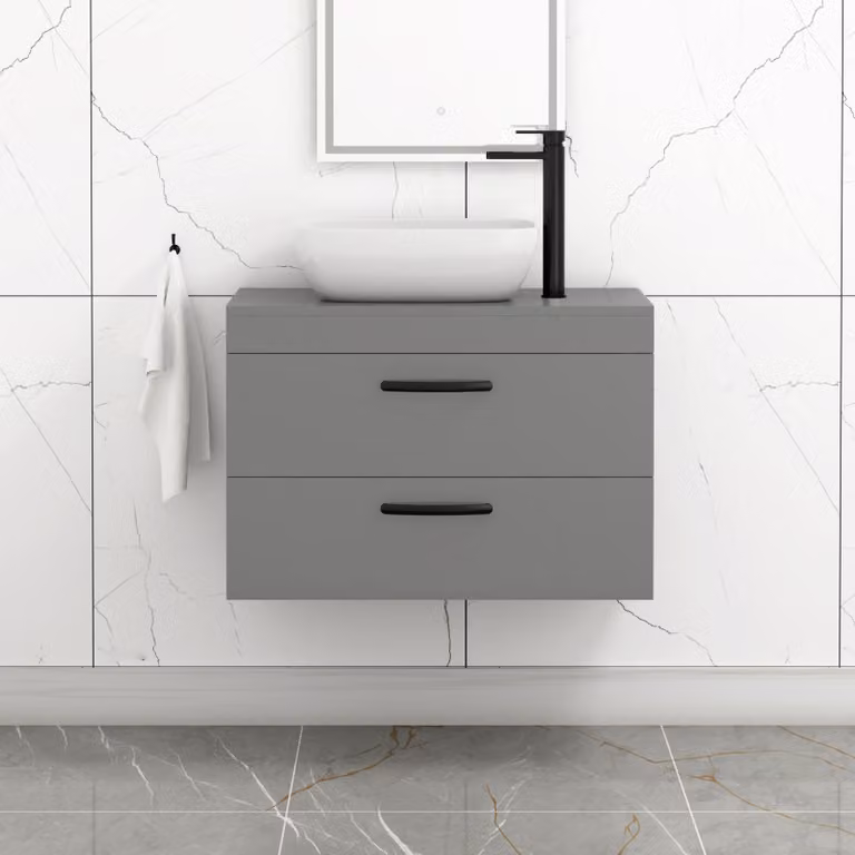 Royal Bathrooms 800mm Wall Hung Vanity Unit with 2 Drawers in Indigo Grey Gloss and Elva Countertop Basin with Matt Black Handle