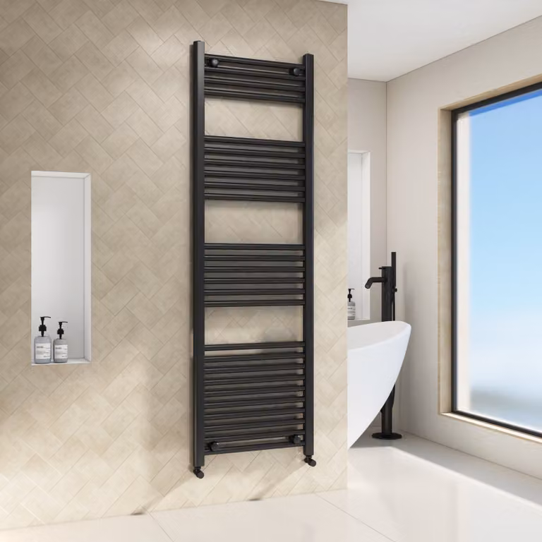 Royal Bathrooms Porto Contemporary Heated Towel Rail Straight Ladder, Matt Black, H: 160 cm, W: 50 cm