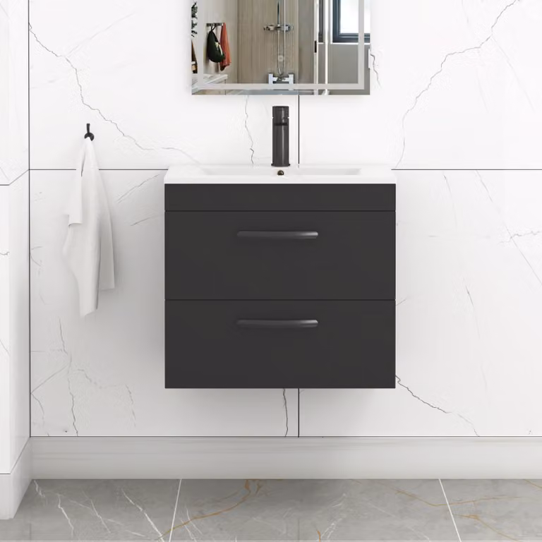 Royal Bathrooms Turin 600mm Wall Hung Vanity Unit in Matt Black with 2 Drawers and Minimalist Basin