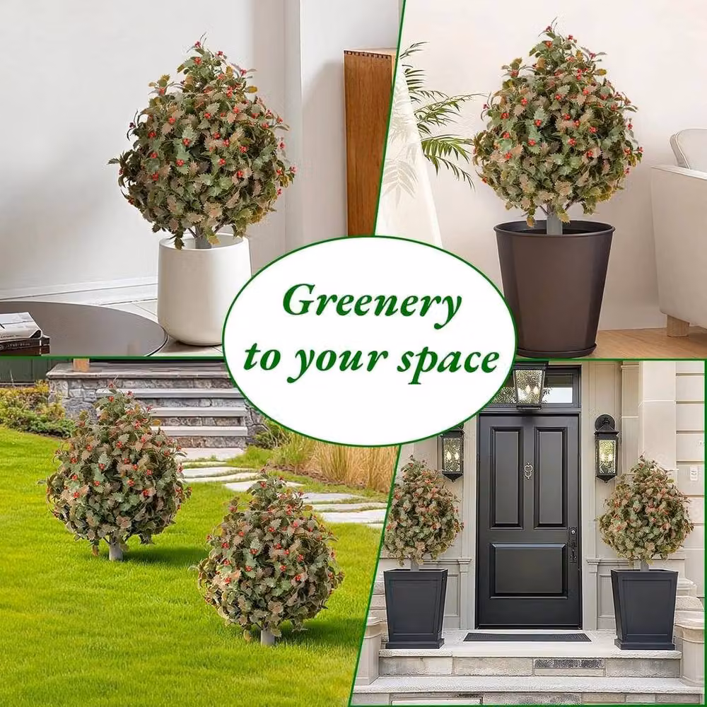 VOGREX 2 Pack Green Multicolour Artificial Topiary Trees, UV Resistant Round Bushes with Metal Stand, H 60 cm x W 60 cm x D 60 cm – 4