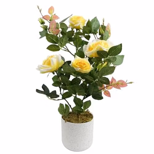 Leaf Design UK Potted Artificial Yellow Rose Plant, 50 cm – 1