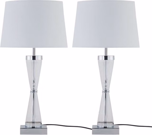 First Choice Lighting Set of 2 Chrome Touch Table Lamps with White Fabric Shades in Silver