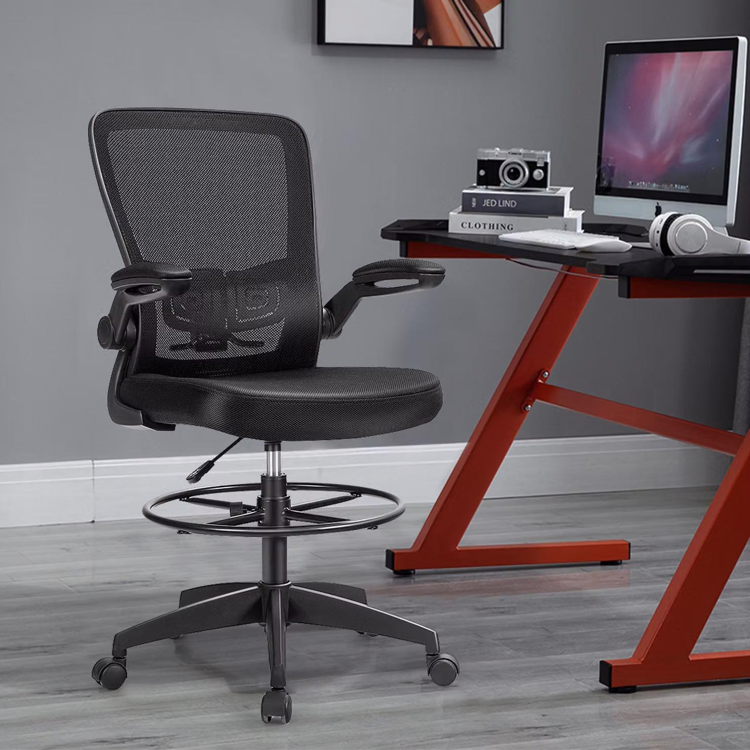 Costway Black High Back Mesh Drafting Chair with Armrests and Swivel Base for Home Office – 2