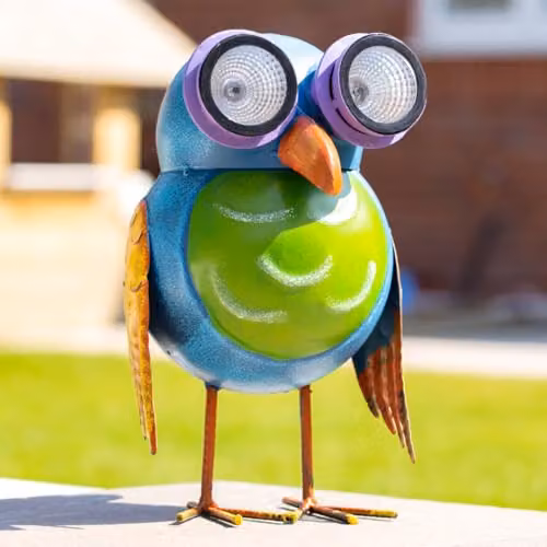 GardenKraft Metal Solar Powered Owl Garden Statue with Multicolour LED Lights, Green, H: 29.5 cm, W: 21.5 cm, D: 18.0 cm