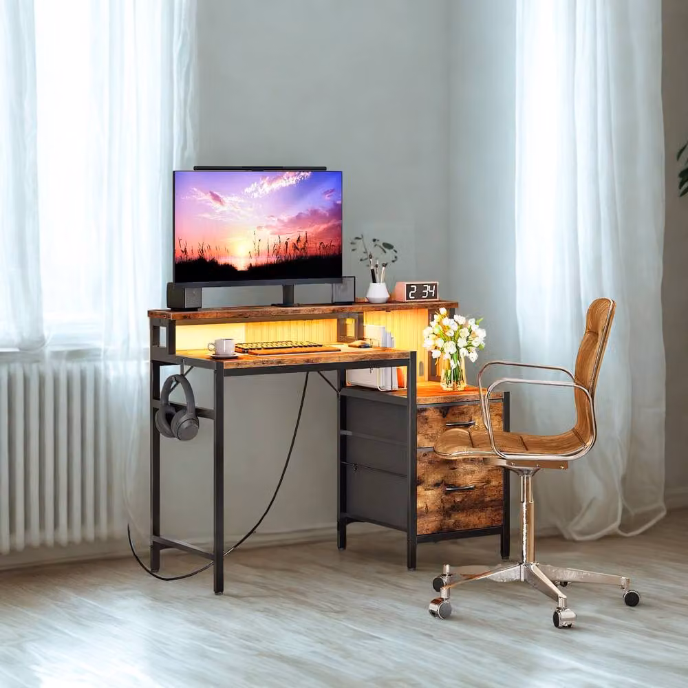 FURNOS Industrial Computer Desk with Drawers, USB Outlets and LED Lights in Brown – 2