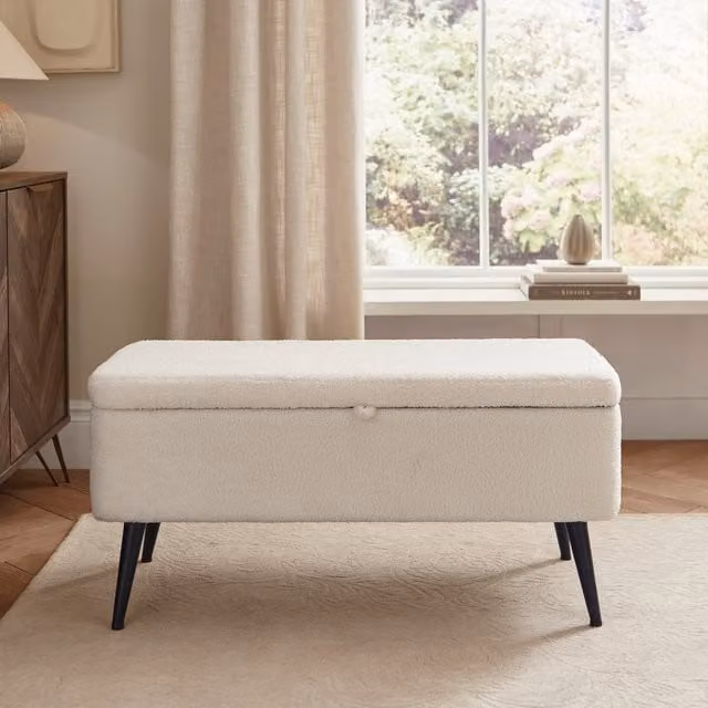 GFW Lola Rectangular Storage Ottoman in Cream Bouclé Fabric