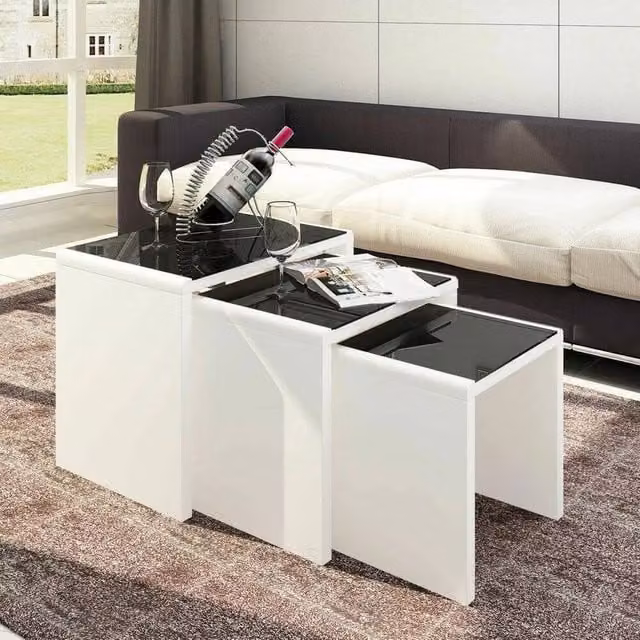 FORGEVIO Set of 3 Nested Square Coffee Tables with Black Glossy Glass Tops and White Metal Legs – 1