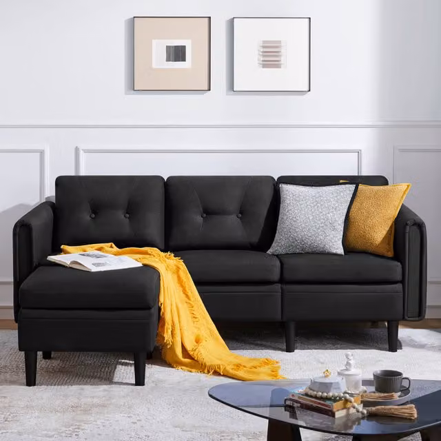 Yaheetech Reversible L-Shape Fabric Upholstered Corner Sofa with Ottoman in Black