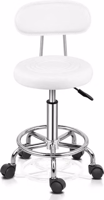 FORGEVIO Round Salon Stool, White PU Leather Massage Chair with Adjustable Backrest – 1