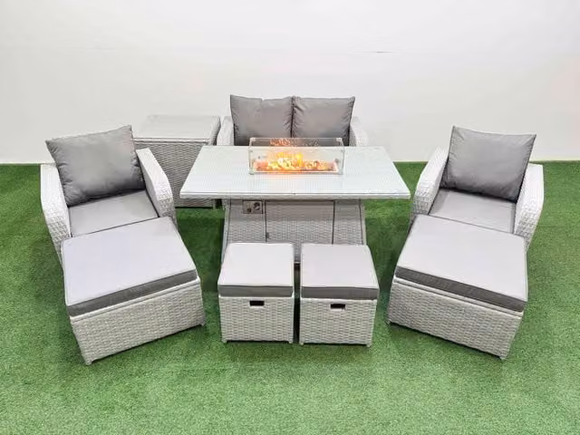 Fimous 8 Seater Outdoor Garden Furniture Set with Gas Firepit Table in Light Grey