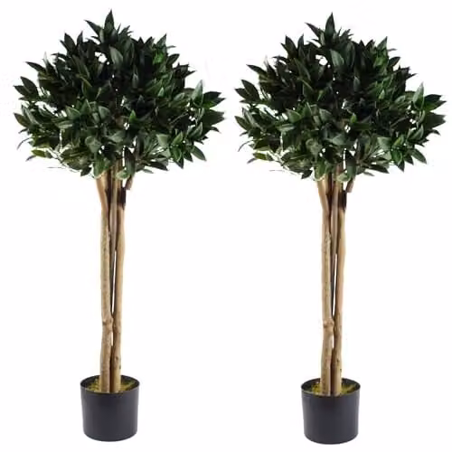 Pair of Green Leaf Artificial Topiary Trees, H 120 cm x W 50 cm x D 50 cm